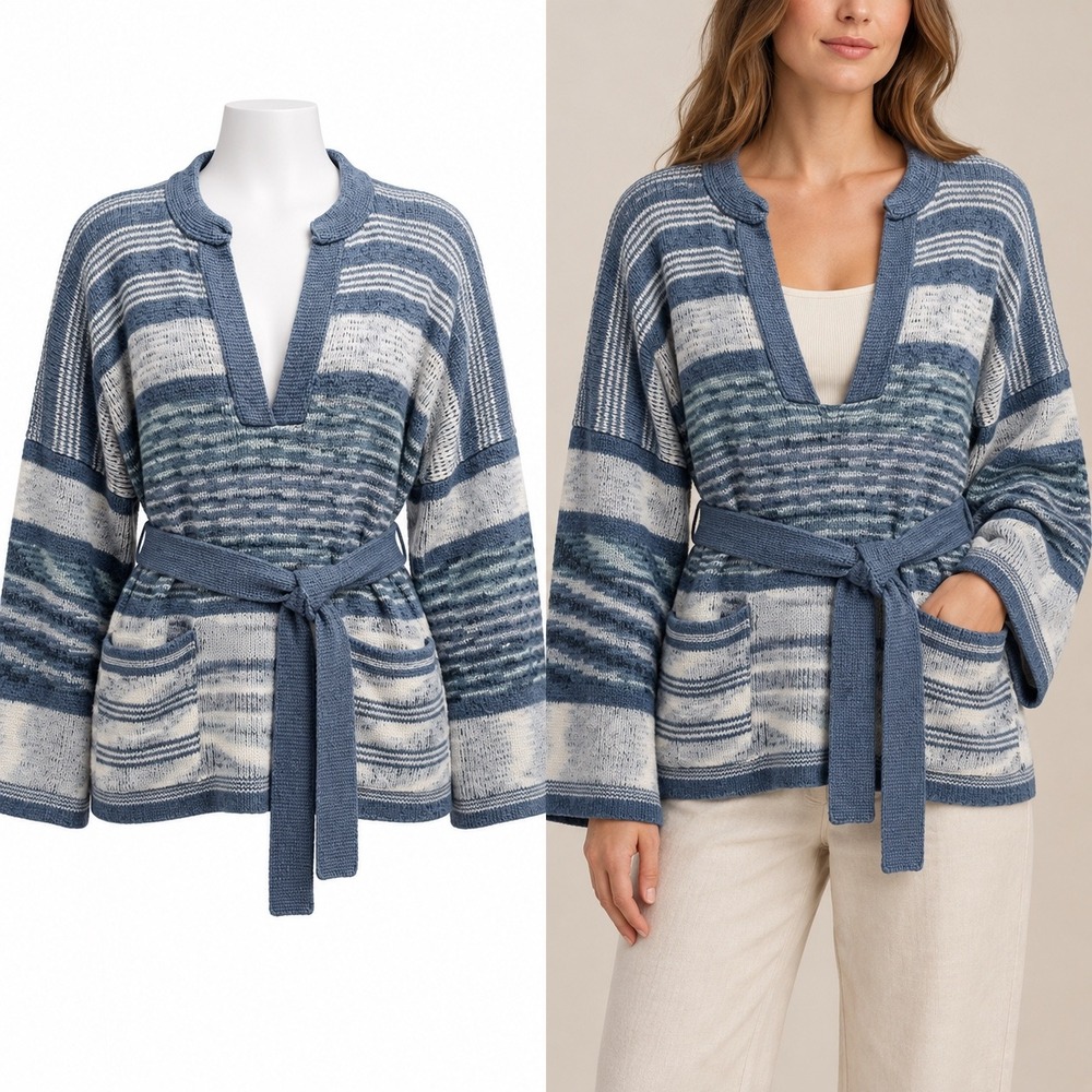 Vintage Kimlon Sweater Striped Knit Tunic Women M Blue Belted Kimono Sleeve 70s